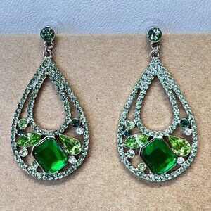 Roberta Chiarella‎ Earrings Teardrop Green Stones Signed Silver Tone Statement